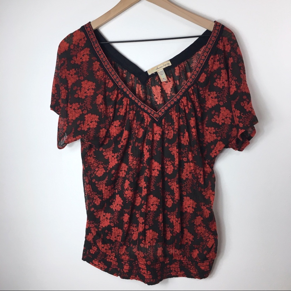 American Rag Black and Red Floral Blouse, M